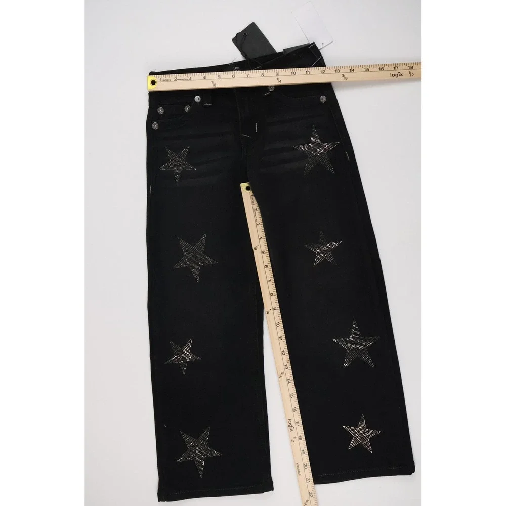 True Religion Leila Wide Leg Jeans Antique Black Star Rhinestone 7 NWT $79